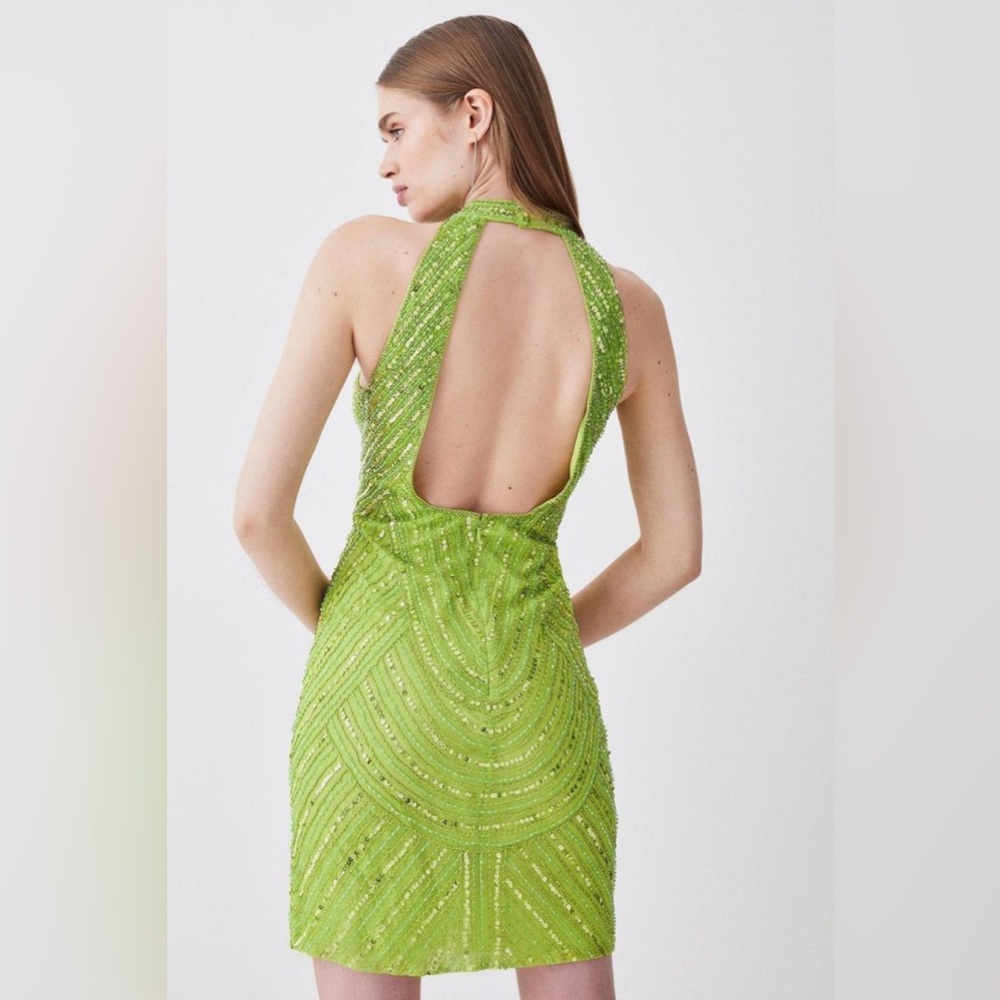NWT Karen Millen Crystal Embellished Halter Neck Woven Mini Dress In Lime. 4